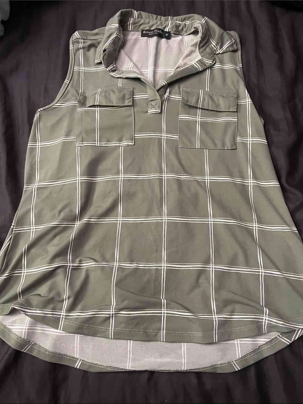 Kensie Olive Green and White Windowpane Sleeveless Top